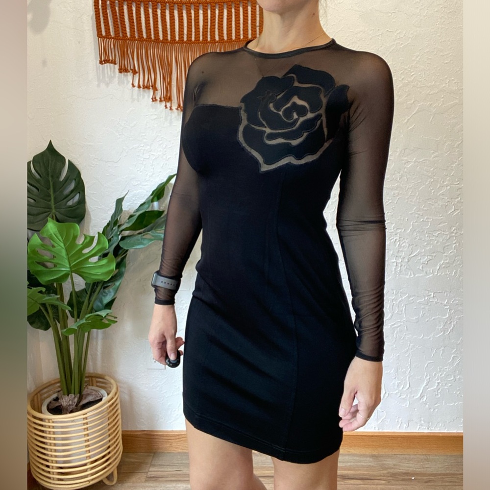 Vintage Lillie Rubin Black Fitted Mini Dress Long Mesh Sleeves Floral Appliqué